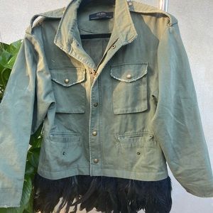 Green military jacket with feather detail